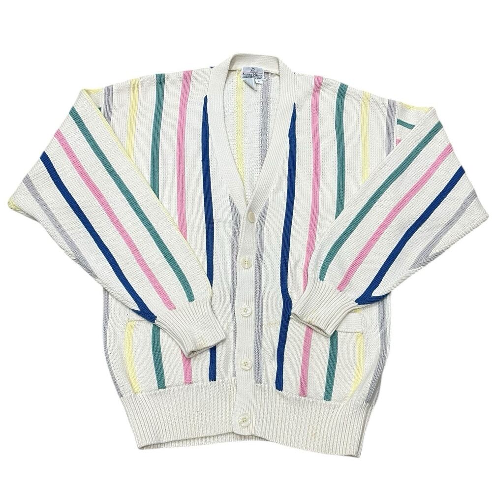 Neiman Marcus Grandpa Sweater Mens Size L Cardigan Cotton Striped 80s Colorful